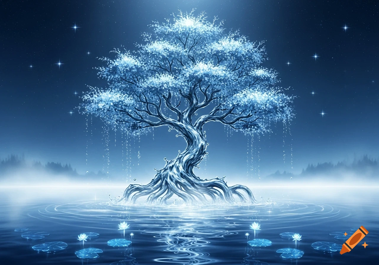 A luminous, icy blue water tree in a still lake under a starry night, with glowing lily pads, in a fantasy art style.