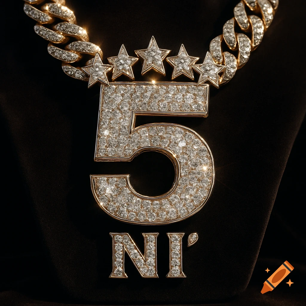 Iced out diamond chain with a large number 5 pendant, five stars, and 'NI'' text, on a black background.