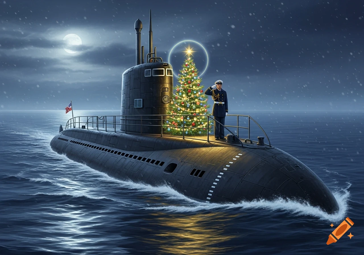 A military submarine with a Christmas tree on its conning tower, a sailor in uniform salutes. Snow falls on the moonlit ocean.