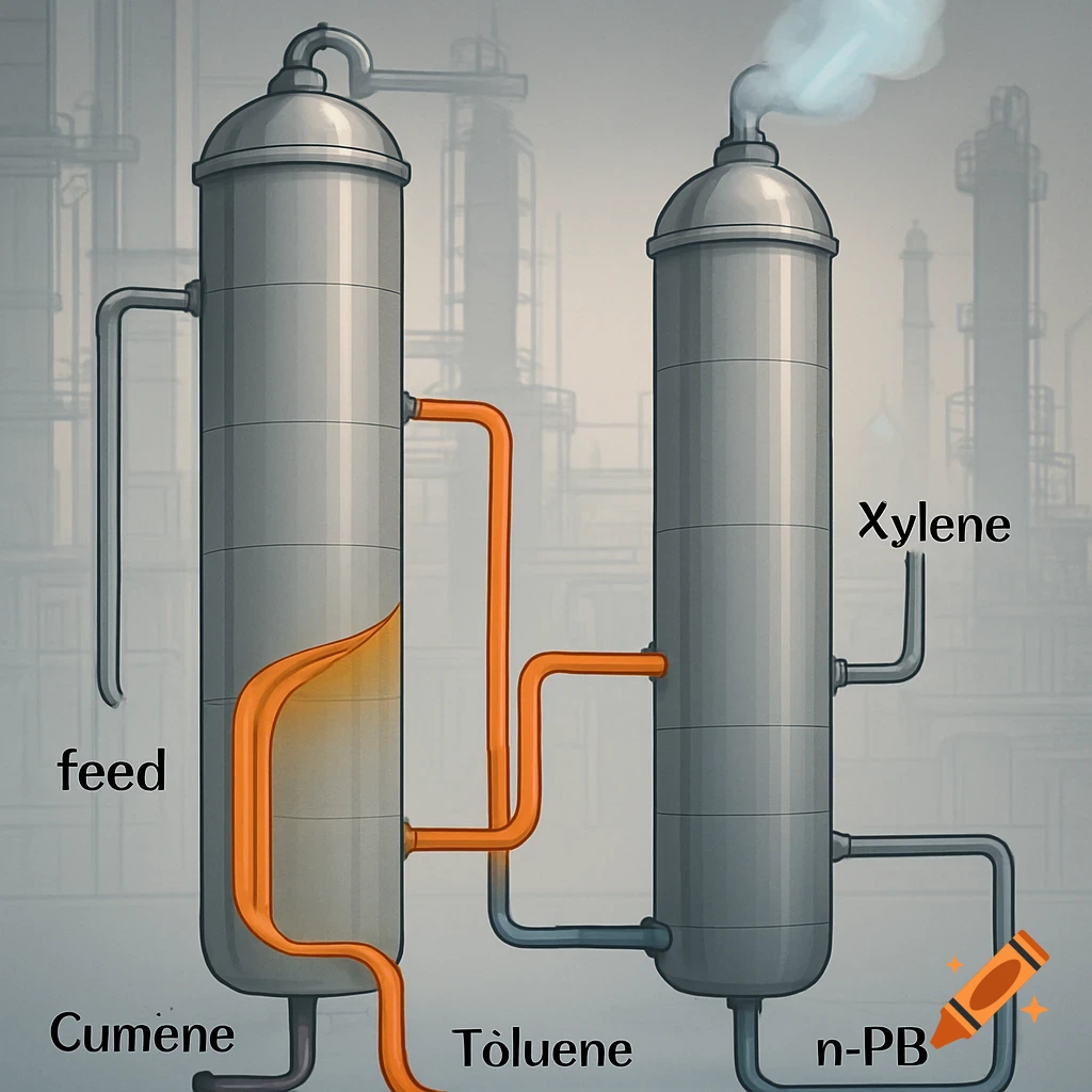 Diagram showing two chemical distillation columns with pipes and labels for feed, cumene, toluene, xylene, and n-PB.