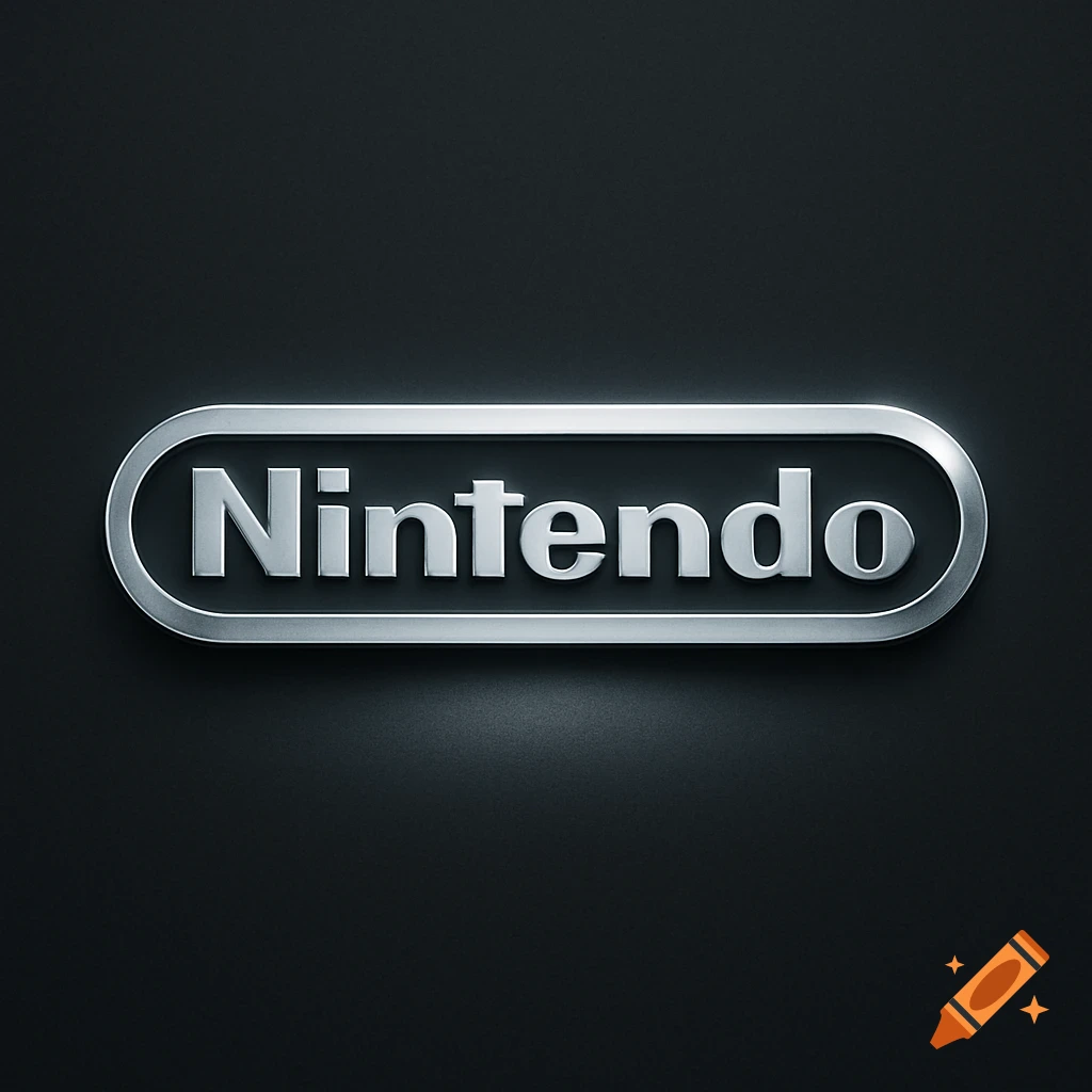 A silver, metallic Nintendo logo with a raised effect on a dark background.