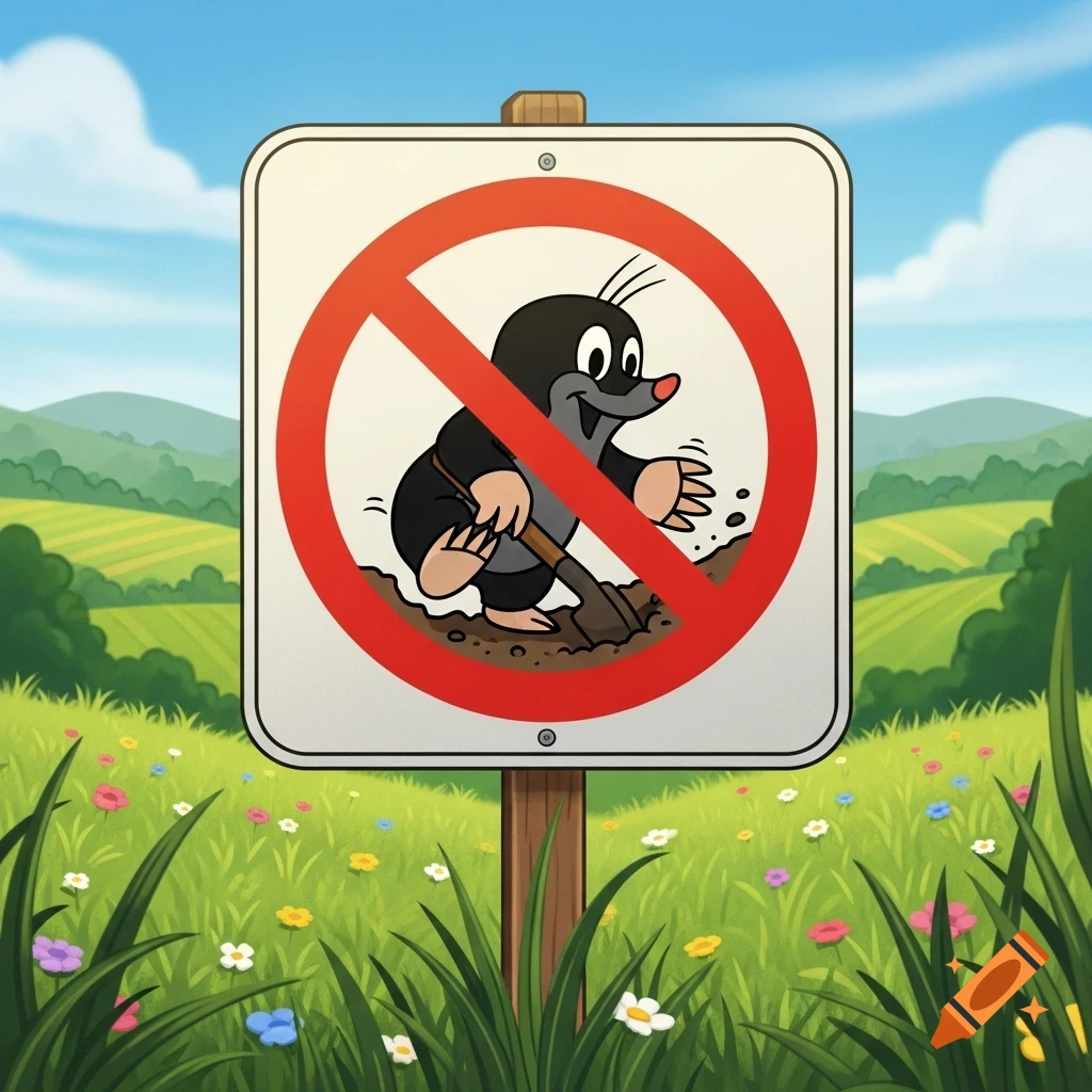 Cartoon prohibition sign depicting a digging mole within a red circle and line, set in a vibrant green field with flowers.