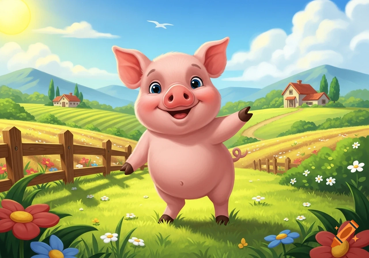 A cute, smiling pink cartoon pig waves its paw in a sunny farm landscape with green fields, a fence, flowers, and farmhouses.