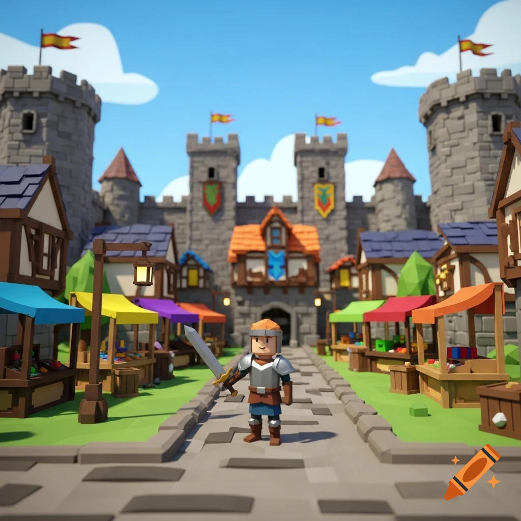 A low-poly 3D cartoon knight with a sword stands in a bustling medieval fantasy marketplace before a grand castle.