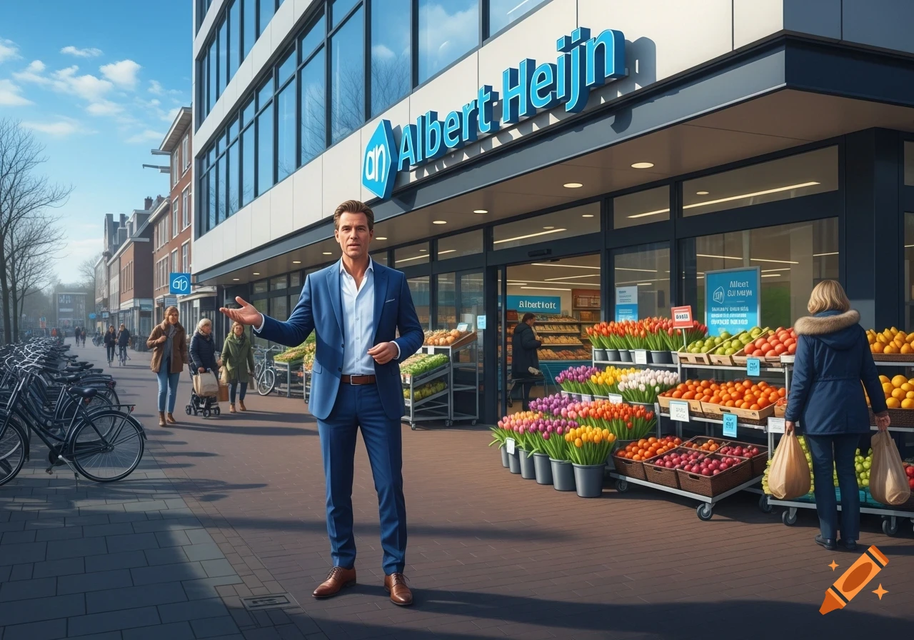 A man in a blue suit stands outside an Albert Heijn supermarket, gesturing towards an outdoor display of colorful flowers and fresh produce. Pedestrians and bicycles line the street on a sunny day.