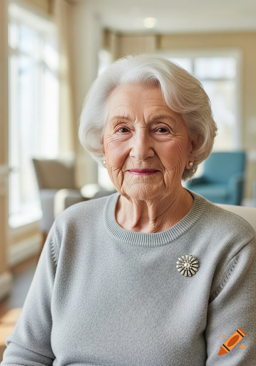 Photorealistic portrait of a smiling elderly woman with white hair, wearing a grey sweater and a brooch.