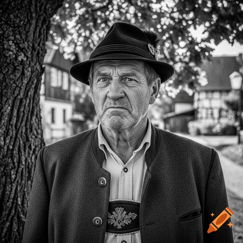 Black and white portrait of a serious older man in a traditional Bavarian hat with a feather and jacket, outdoors next to a tree.