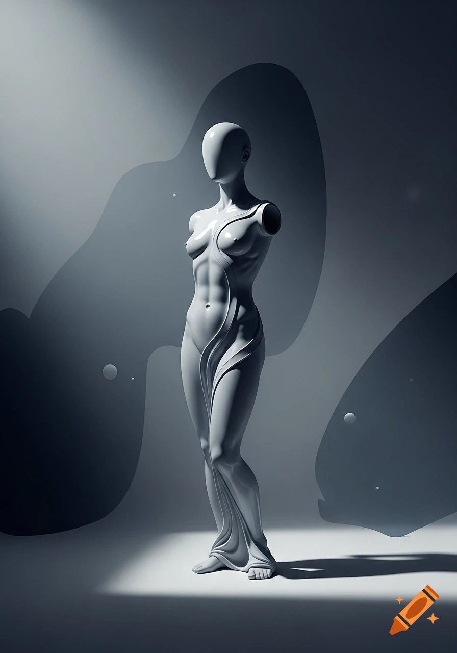 A minimalist, grayscale statue of a faceless, armless female figure with flowing fabric elements in a spotlight.