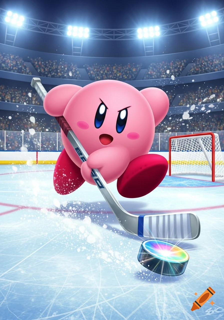 Kirby playing ice hockey as a forward in a stadium, holding a stick and puck, creating ice spray.