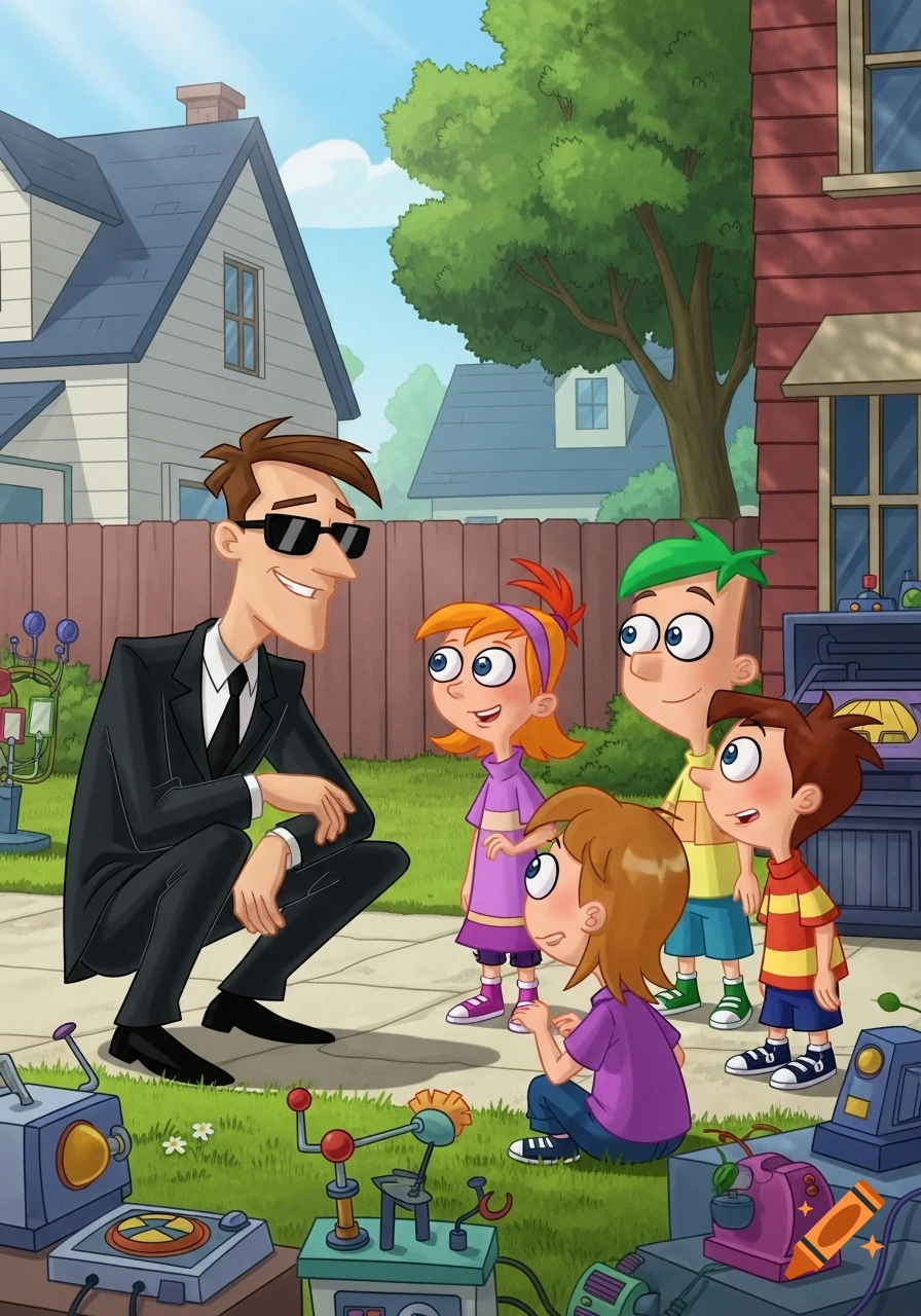 A man in a black suit and sunglasses crouches to talk to four children in a cartoon backyard setting, surrounded by inventions.