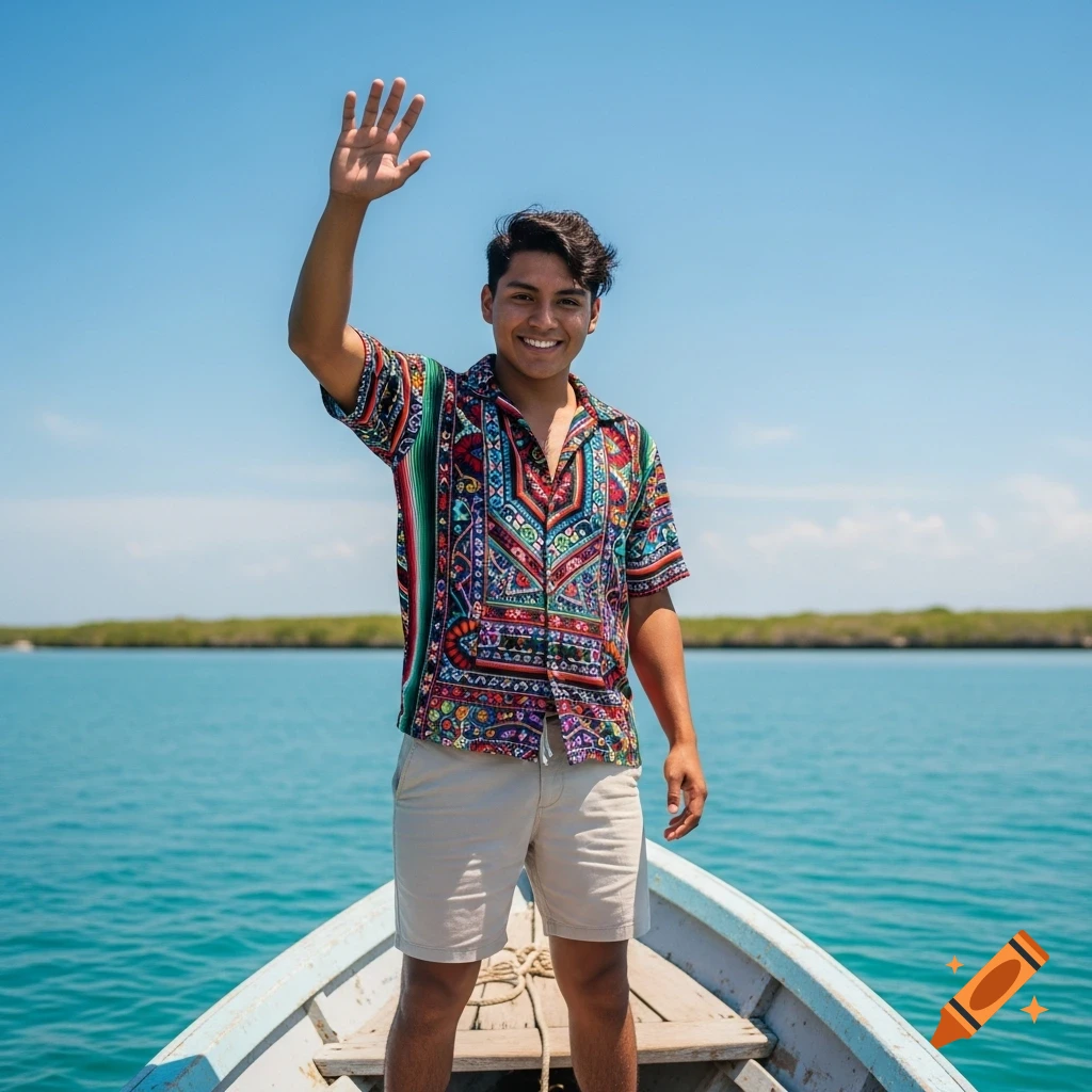 A smiling young man in a colorful shirt and shorts waves from the front of a boat on a sunny day.