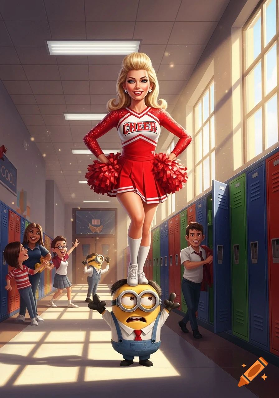 A blonde cheerleader in a red and white uniform stands on a Minion's head in a school hallway, with other students nearby.