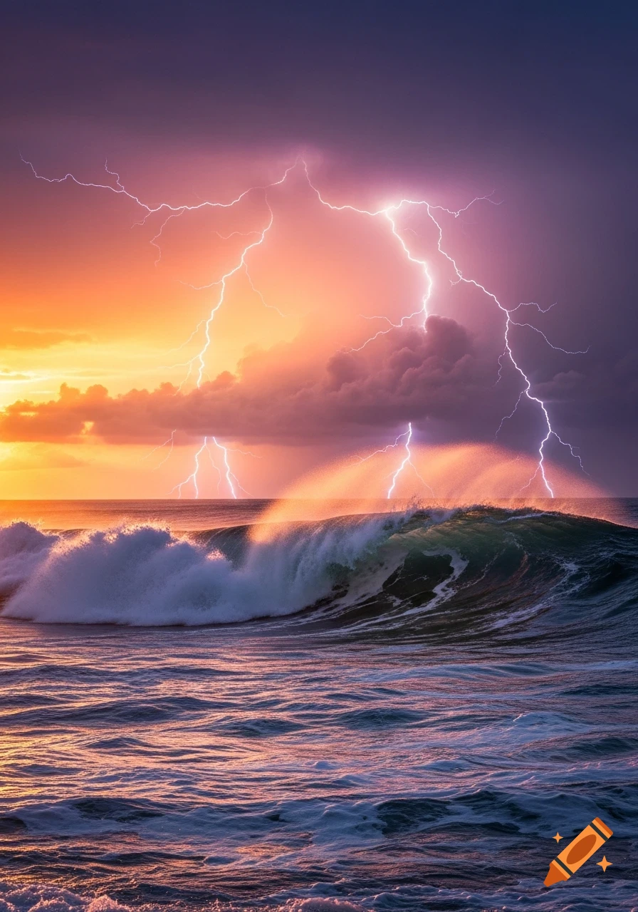 Photorealistic crashing waves with lightning strikes under a dramatic sunset sky.