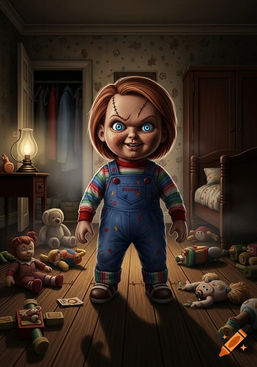 A creepy Chucky doll with glowing blue eyes and scarred forehead stands in a dimly lit child's room surrounded by other dolls and toys on the wooden floor.