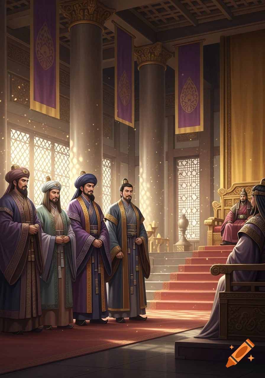 Men in ornate, traditional robes stand before a king on a throne in a ...