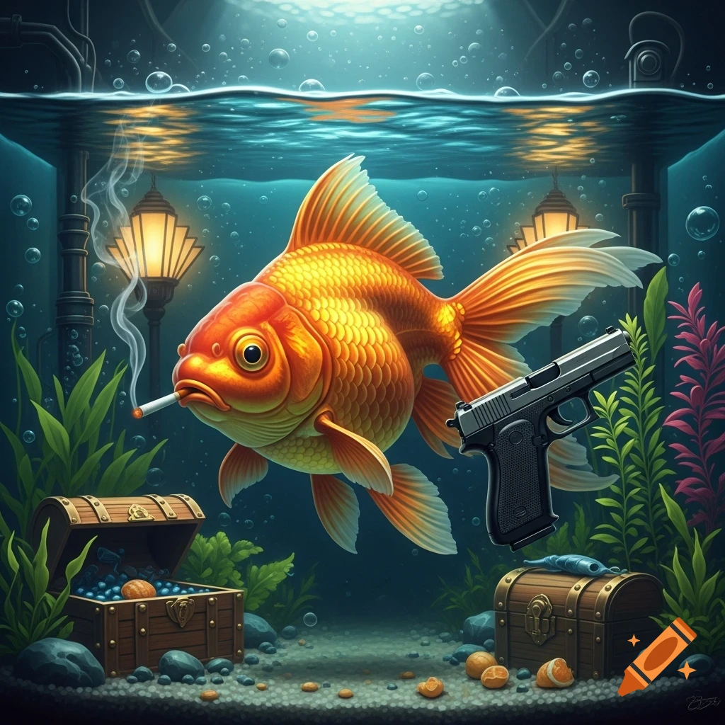 A detailed artistic image of a goldfish smoking a cigarette and holding a pistol in an underwater aquarium with treasure chests.
