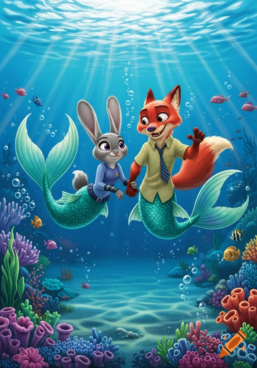 Judy Hopps and Nick Wilde as mermaids holding hands underwater amidst colorful coral reefs and fish in a vibrant animated style.