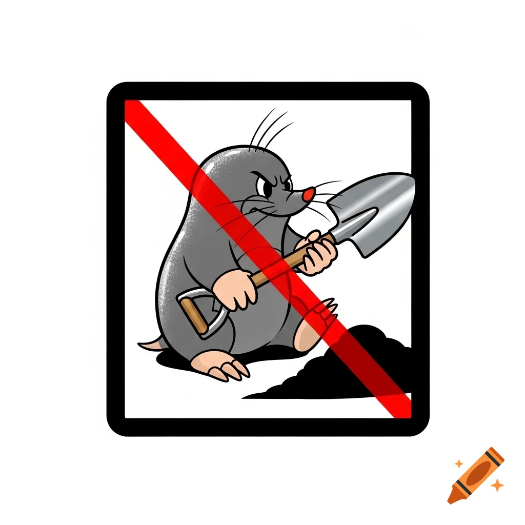 A cartoon mole with an angry expression holding a shovel, inside a prohibition sign with a red diagonal line.