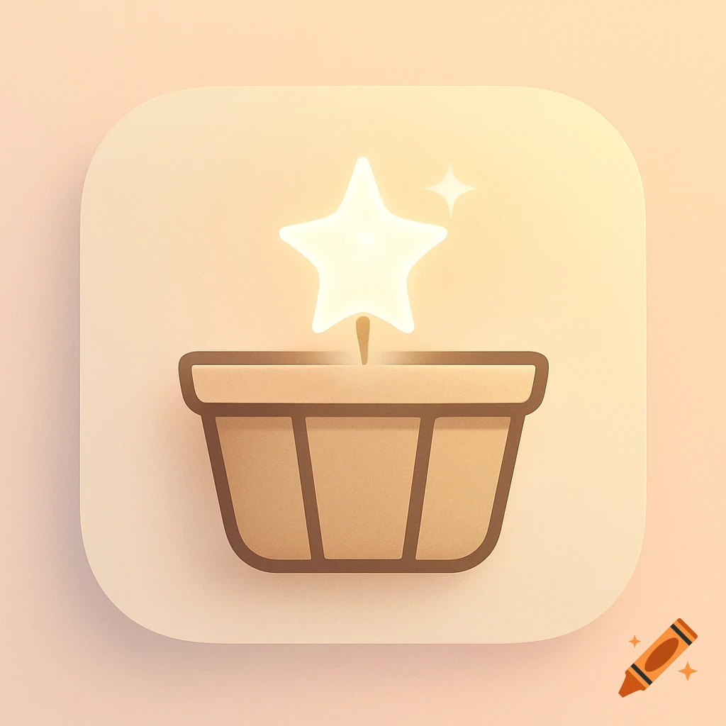A stylized icon of a brown basket with a glowing white star emerging from it, set on a soft peach background.