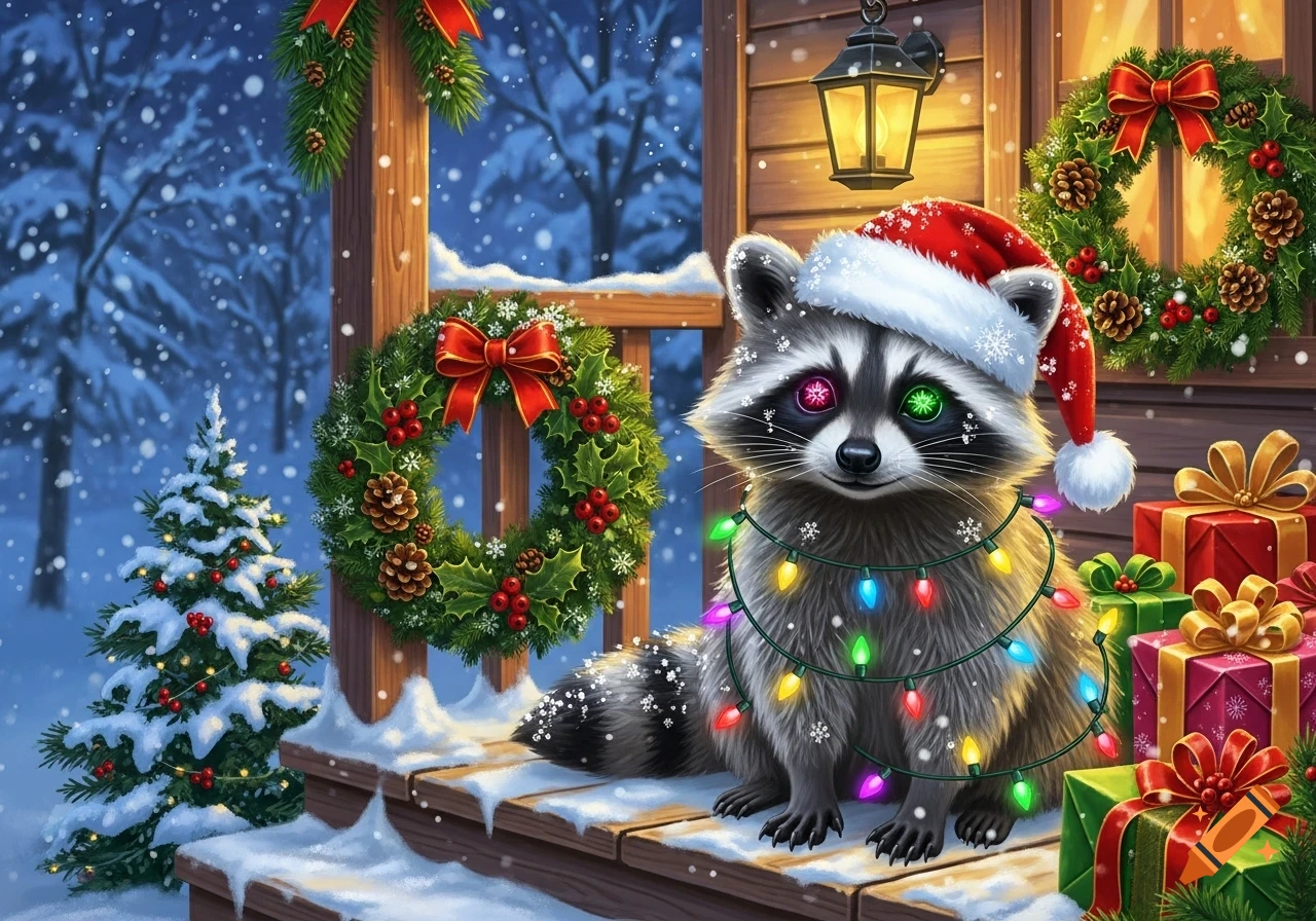 A festive raccoon in a Santa hat and string lights on a snowy porch with wreaths, gifts, and a small Christmas tree.