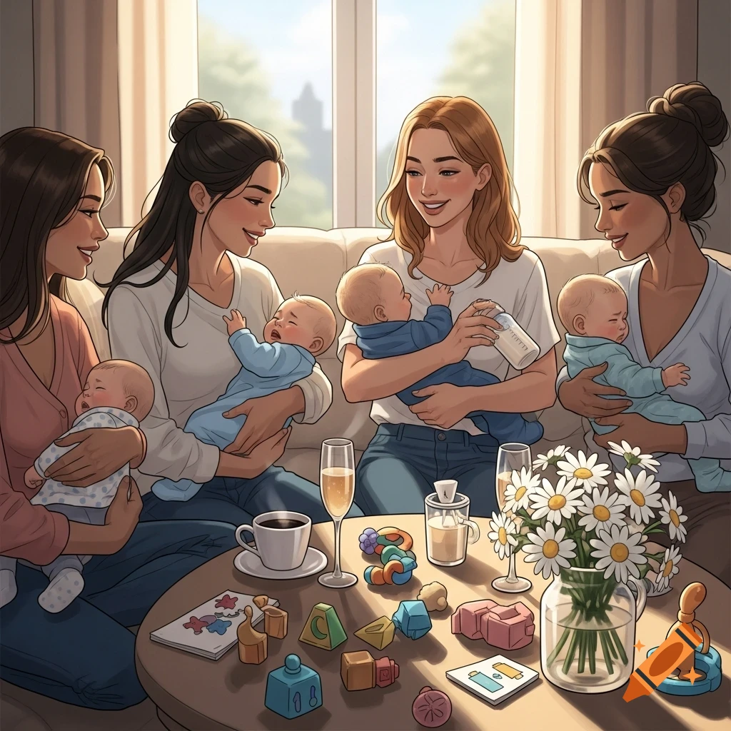 Four mothers with various hairstyles sit on a couch, holding their babies, with drinks and toys on a coffee table in a sunlit room. Stylized illustration.