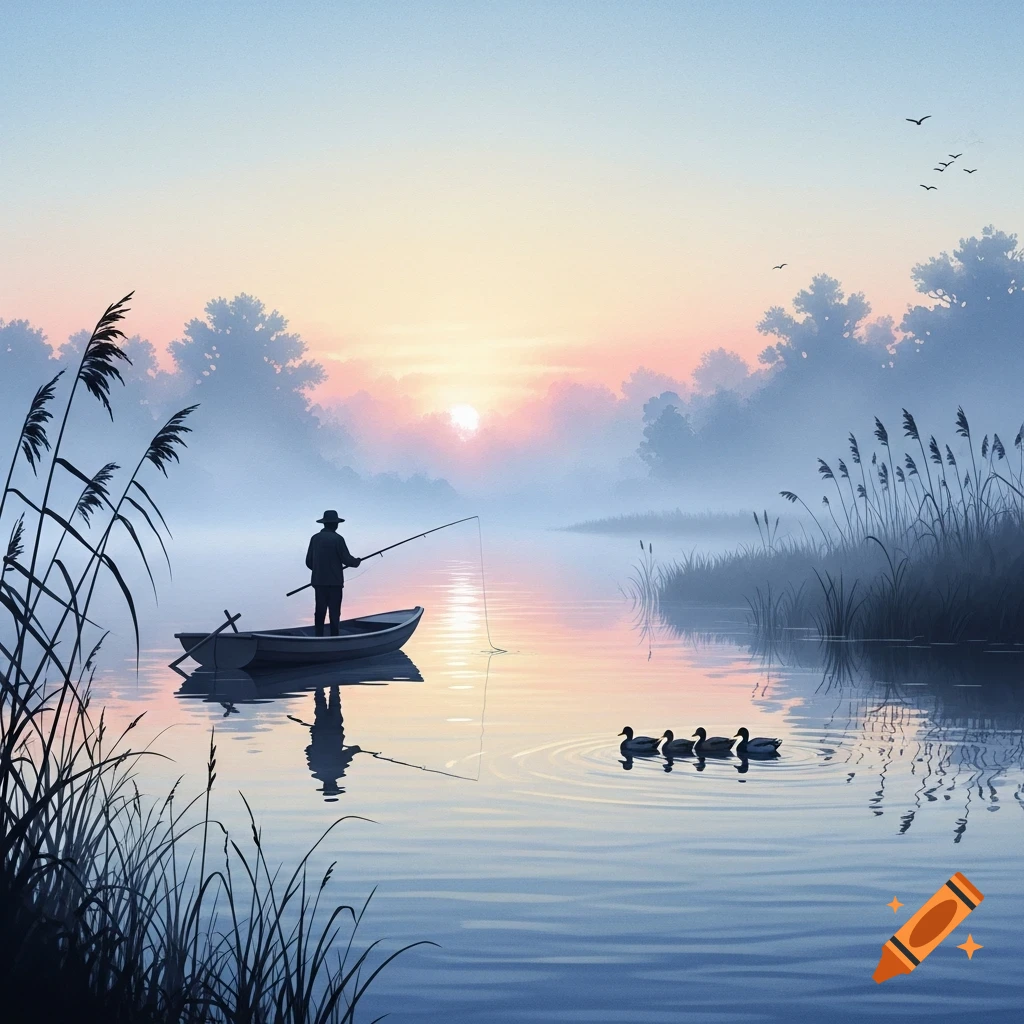 A serene misty landscape with a solitary fisherman in a boat on a lake at sunrise, with ducks swimming nearby.