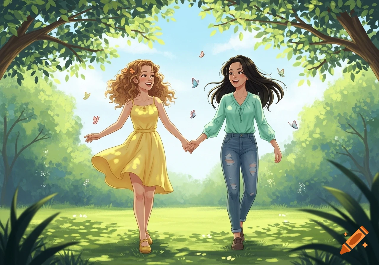 Two smiling girls, best friends, holding hands and walking in a sunny green park with butterflies.