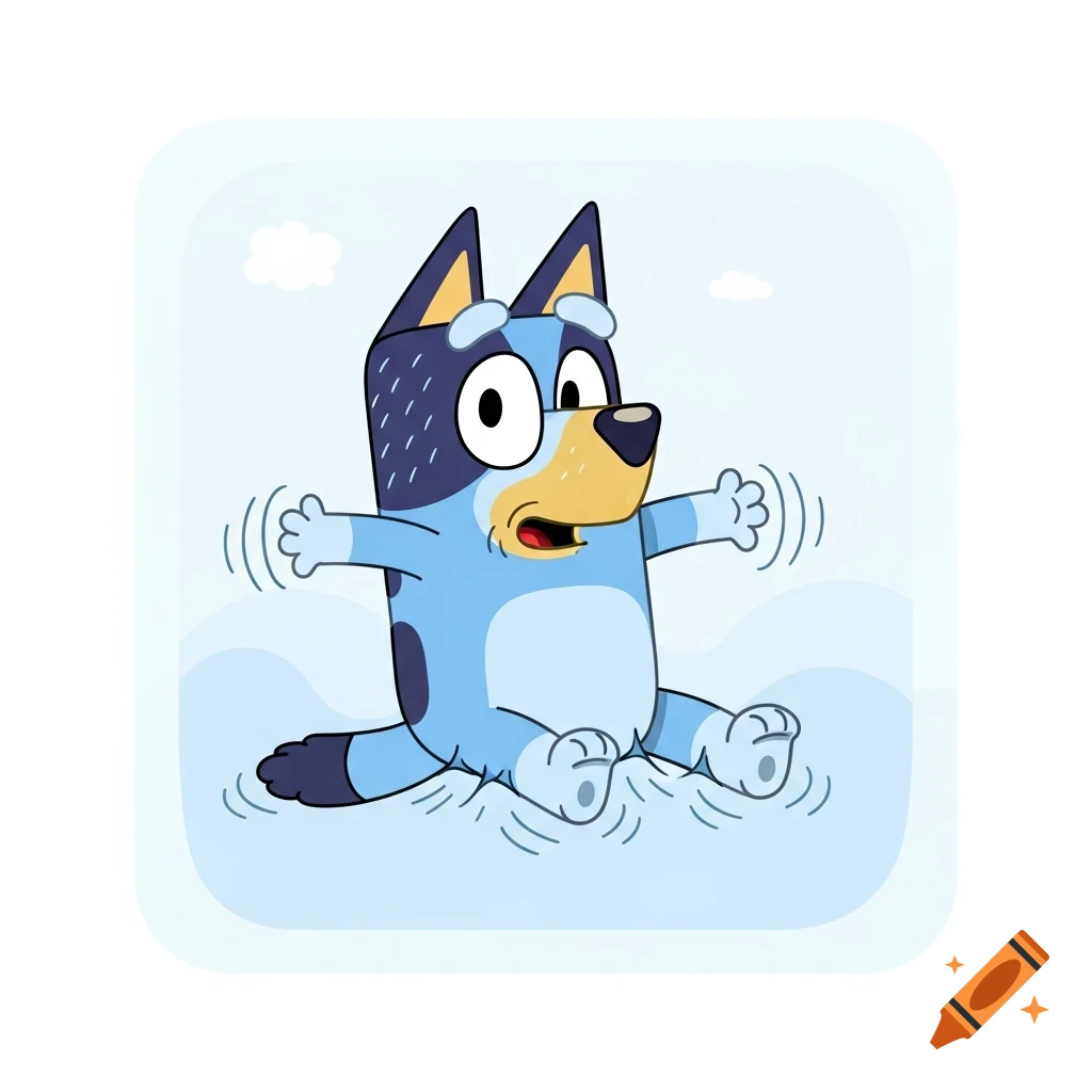 A cartoon blue heeler dog, Bluey, sits surprised with wavy lines around her indicating deflation.