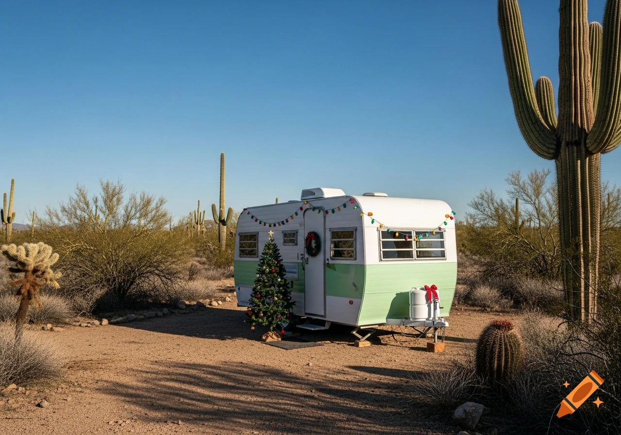 A vintage green and white camper trailer decorated for Christmas sits in a sunny desert with saguaro cacti.