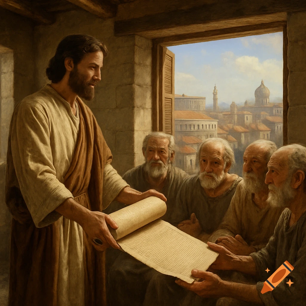 Jesus-like figure in a brown robe hands an unrolled scroll to several bearded elders in a room with a Roman city skyline visible through a window, depicted in a painterly style.