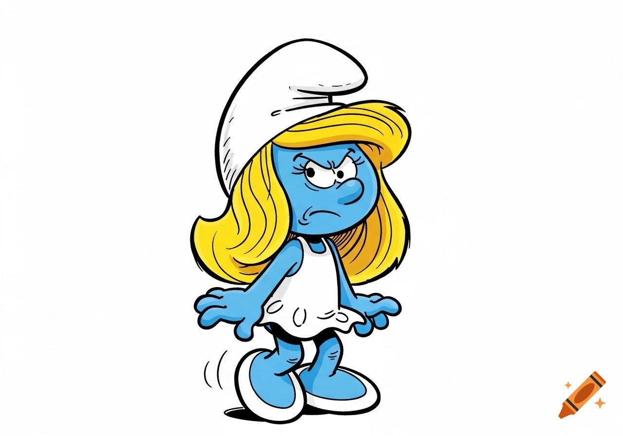 Smurfette from The Smurfs, with an annoyed expression, standing on a white background in a colorful cartoon style.