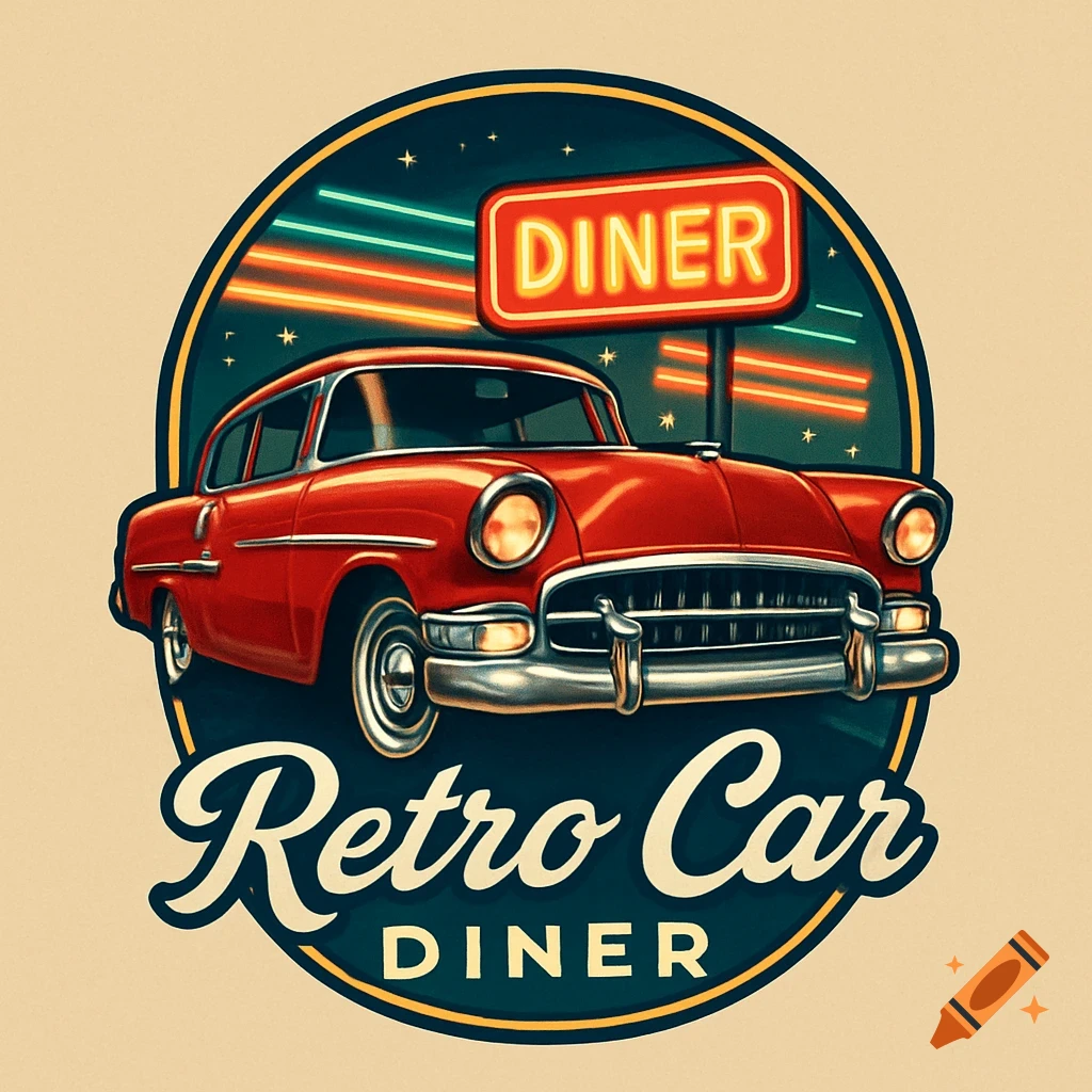 A retro illustration logo featuring a red classic American car in front of a neon 'DINER' sign with 'Retro Car DINER' text below.