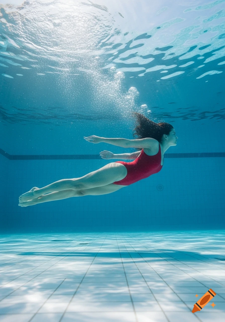 A woman in a red swimsuit swims gracefully underwater in a blue pool, with light dappling from above.
