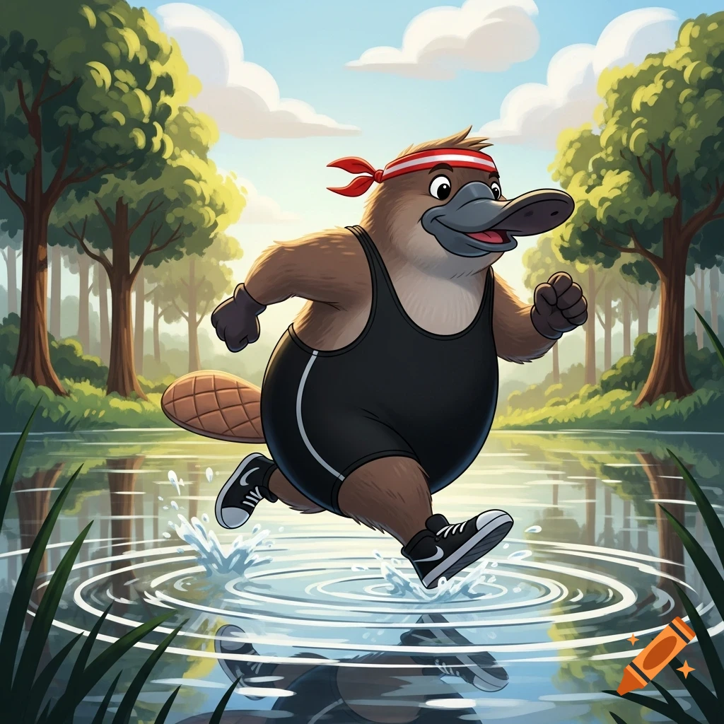 A cartoon platypus wearing a red headband, black singlet, and black sneakers runs through a lake, splashing water.