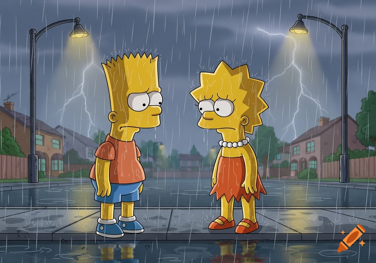 Bart and Lisa Simpson stand on a sidewalk in the rain with lightning, looking sad and ashamed in a cartoon style.