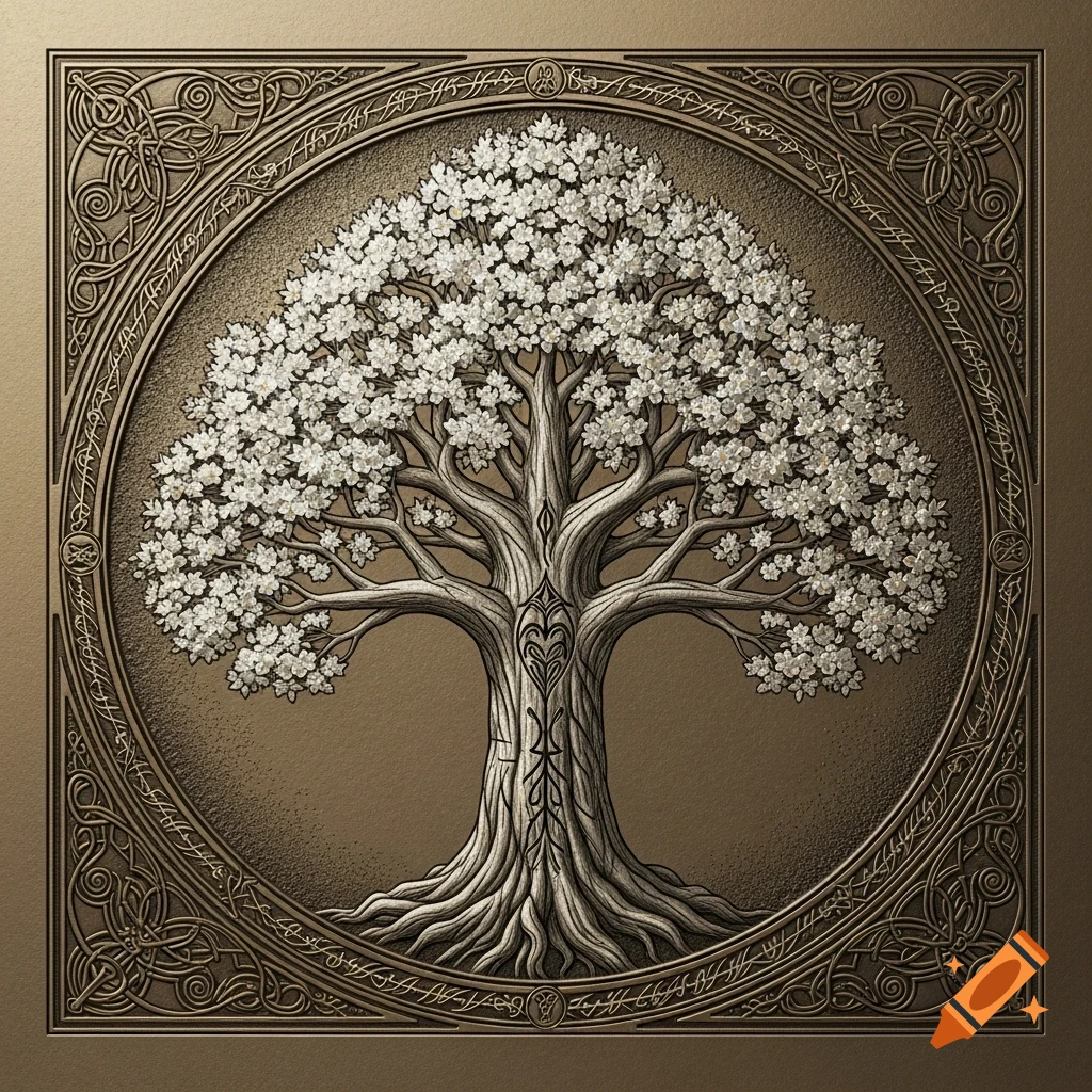 Ornate bronze relief engraving of a tree of life with white blossoms, encircled by intricate Celtic knotwork and runic patterns.