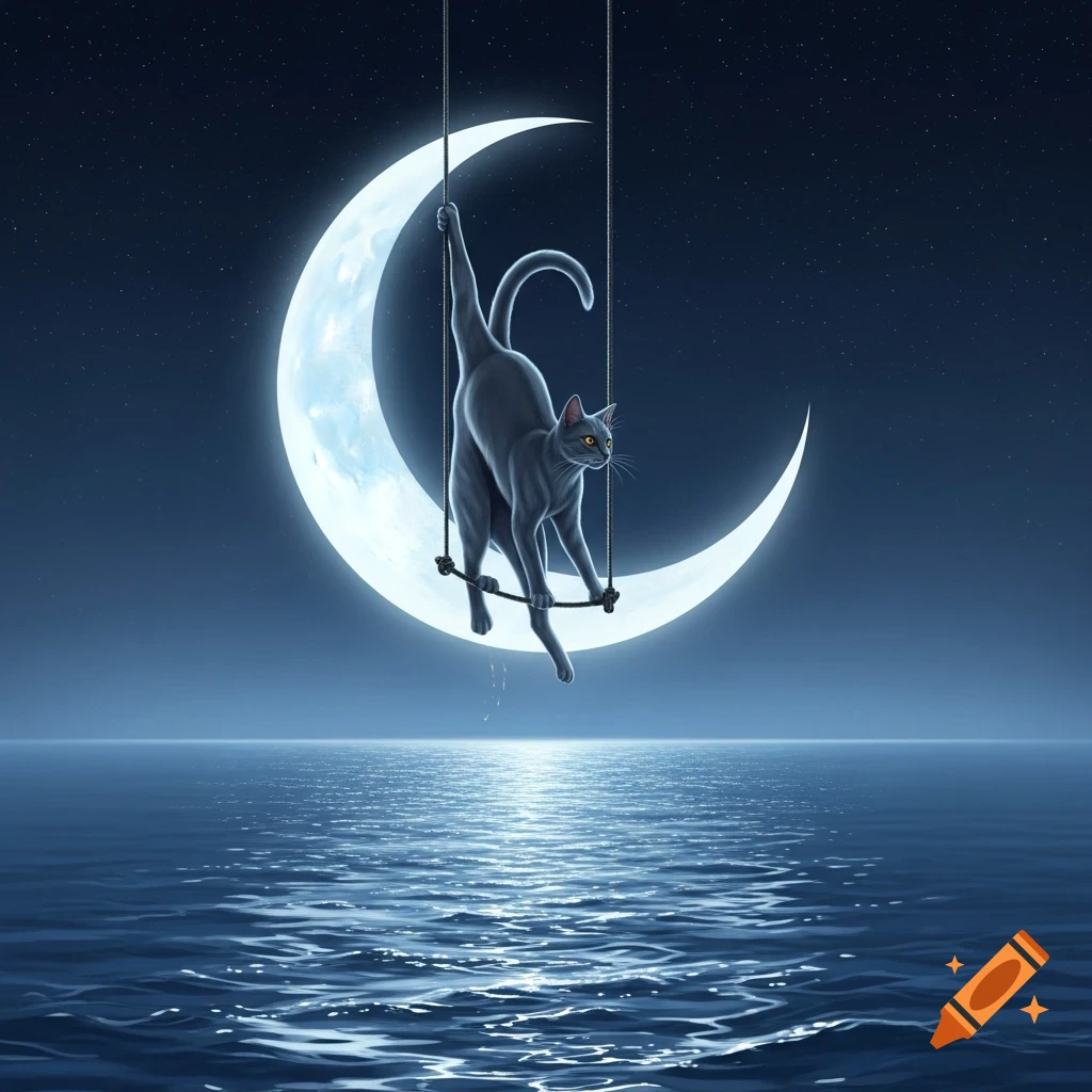 An illustrative grey cat gracefully balances on a trapeze suspended from a crescent moon, above a moonlit ocean under a starry night sky.