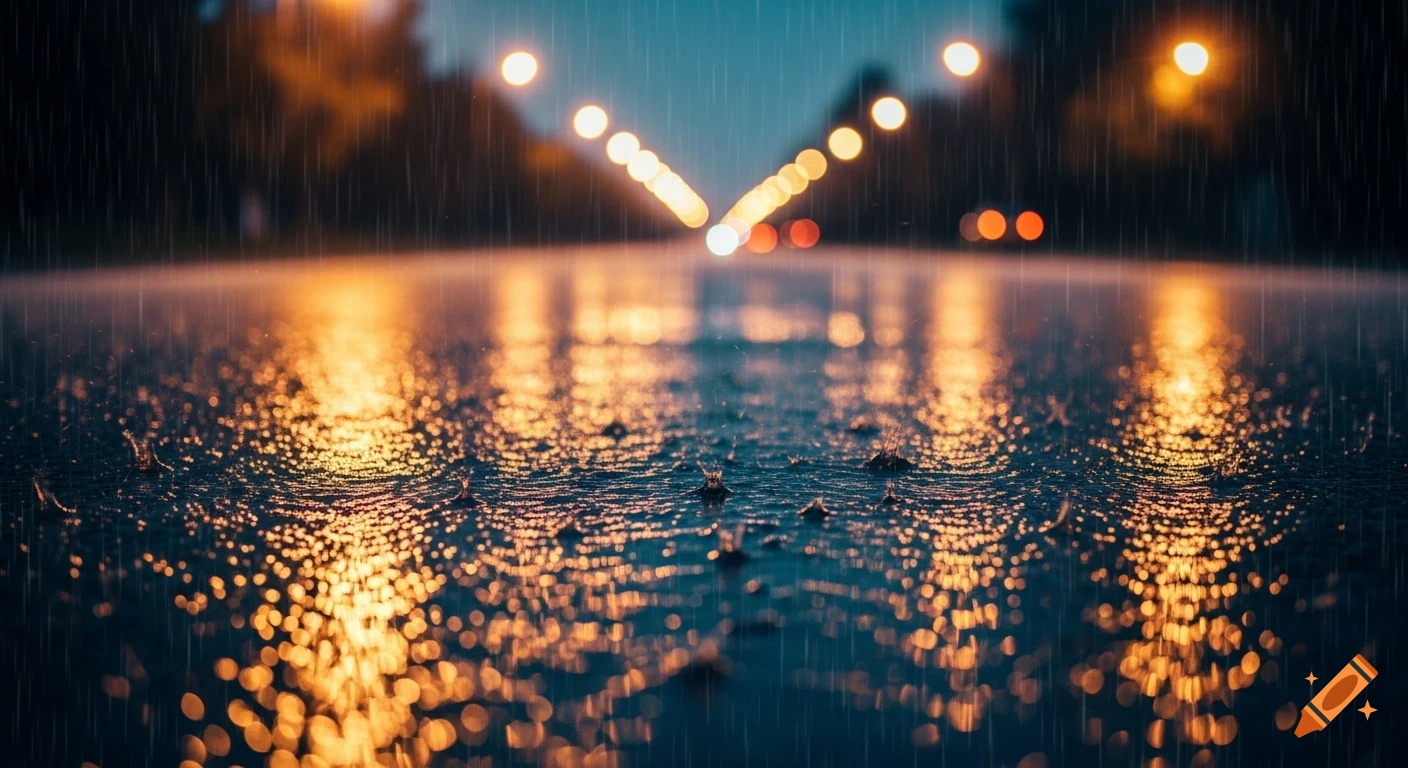 Photorealistic wet road at night with distant streetlights reflecting in puddles and falling rain, creating a moody atmosphere.