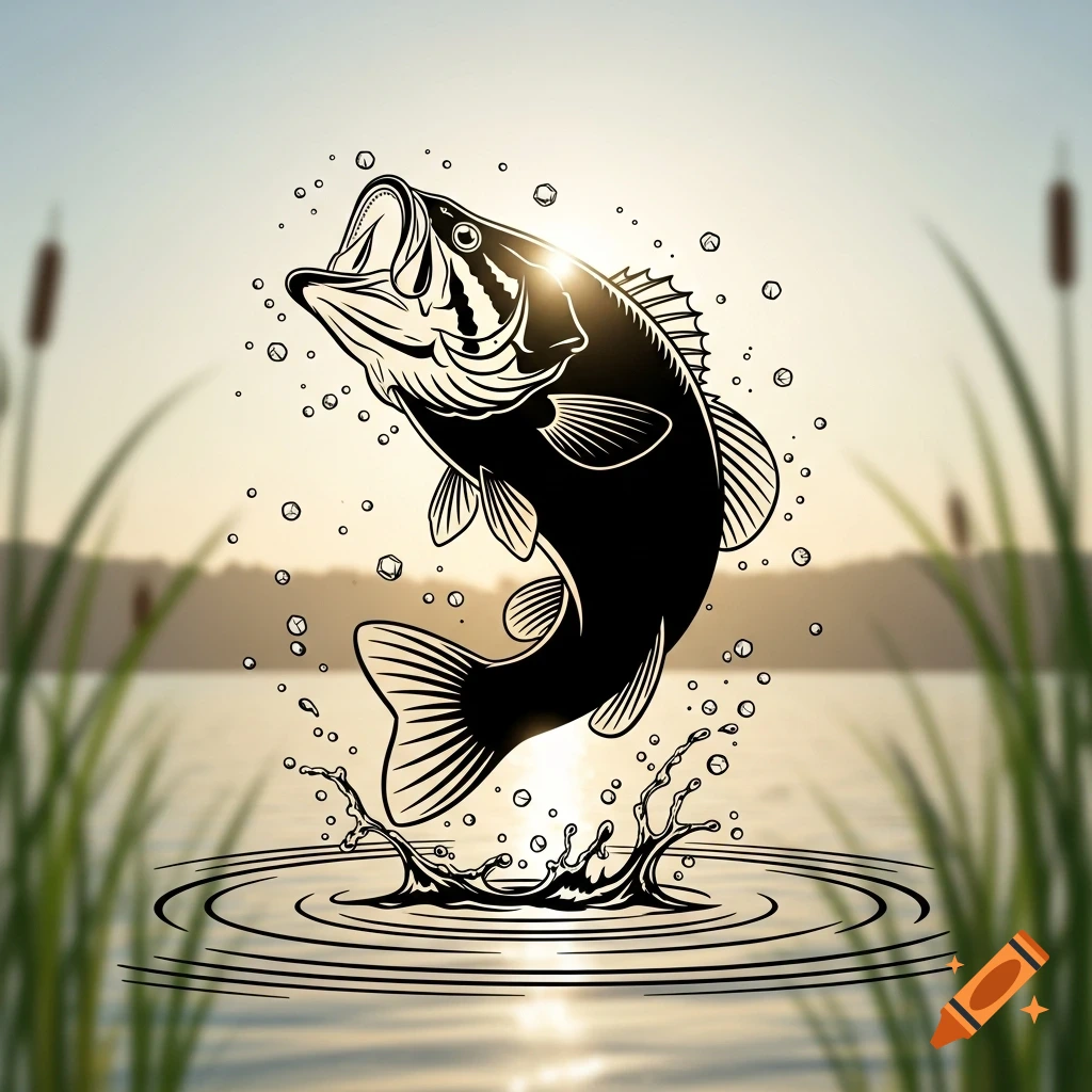 Black outline illustration of a largemouth bass jumping from rippling water at sunset, with reeds in the foreground.