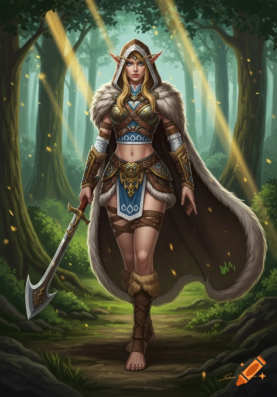 A female elf barbarian with a fur-lined cape and intricate armor walks barefoot through a sun-dappled forest, holding a sword.