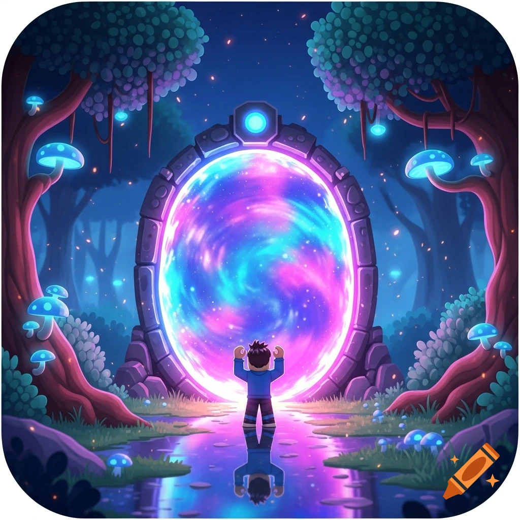 A stylized Roblox-like character stands before a vibrant, glowing portal in a magical forest with luminous mushrooms, cartoon style.