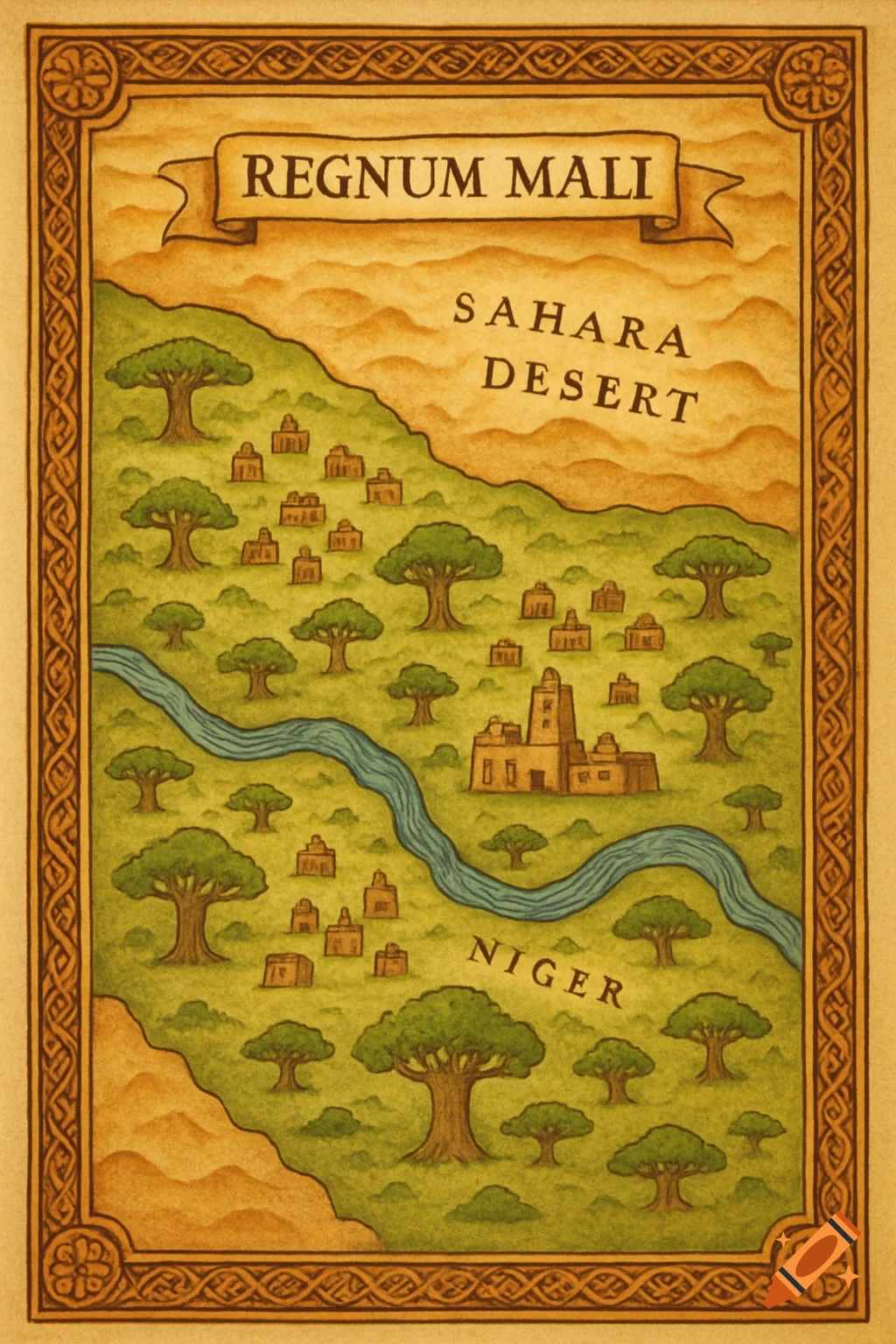 A stylized historical map of Regnum Mali with the Sahara Desert, Niger River, scattered trees, and buildings, framed by an ornate border.