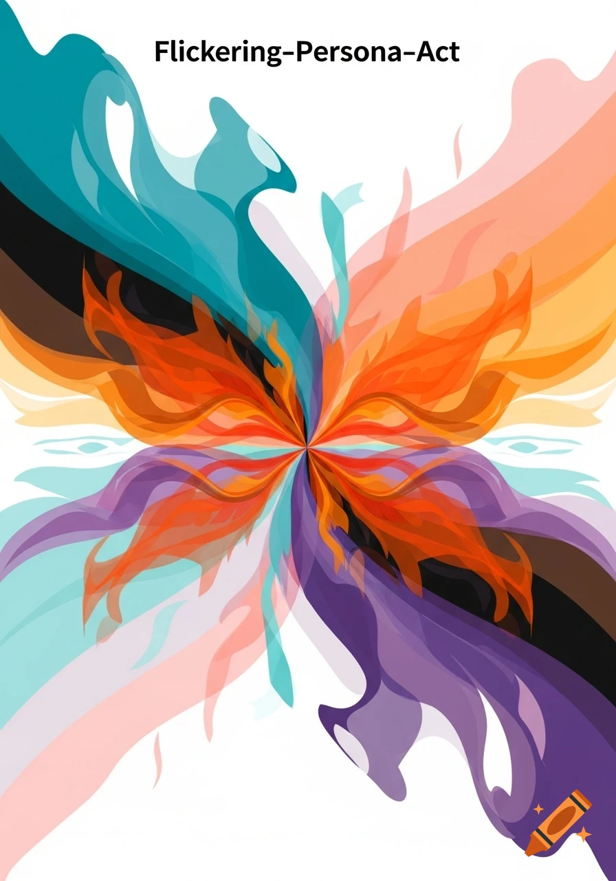 Abstract LGBTQ+ flag design with swirling teal, orange, purple, and black shapes; text reads 'Flickering-Persona-Act'.