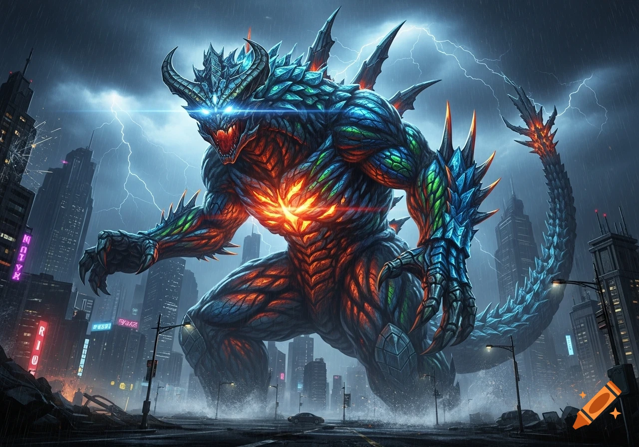 A colossal, horned Kaiju monster with glowing blue eyes and an orange chest stands in a devastated city during a lightning storm at night.