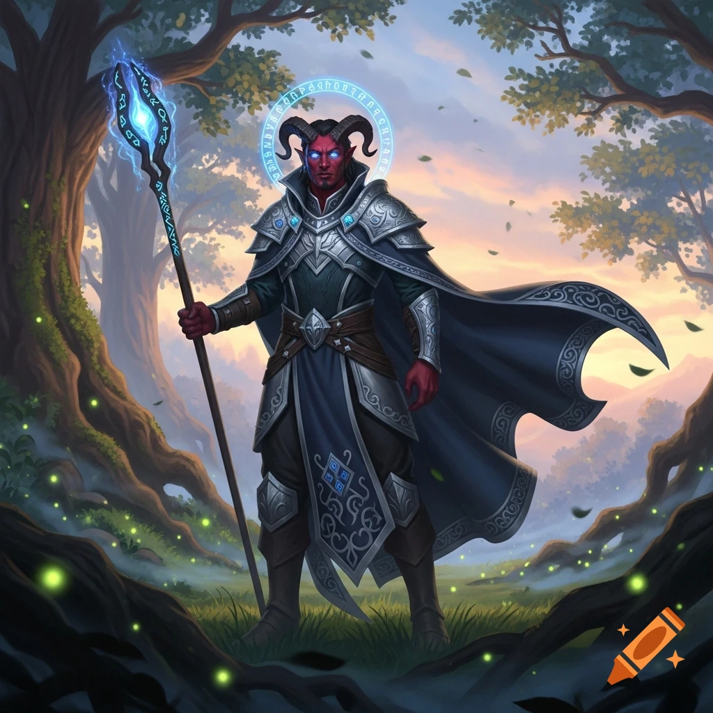 A red-skinned male Tiefling warlock with horns, glowing blue eyes, and silver armor holds a magical staff in a mystical forest.