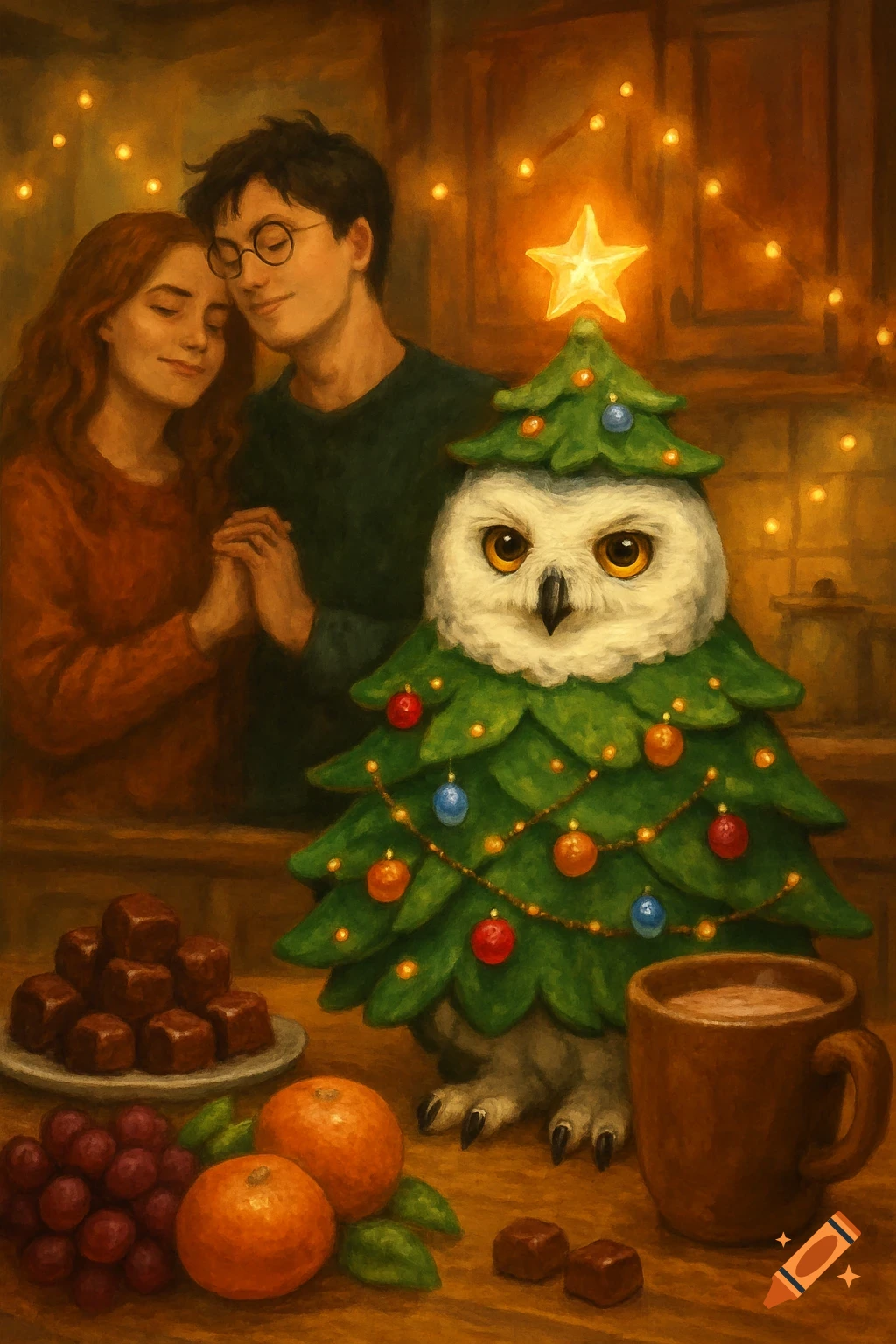 Painterly image of a couple holding hands in a festive kitchen, next to an owl dressed as a Christmas tree, with chocolates, fruit, and a mug.
