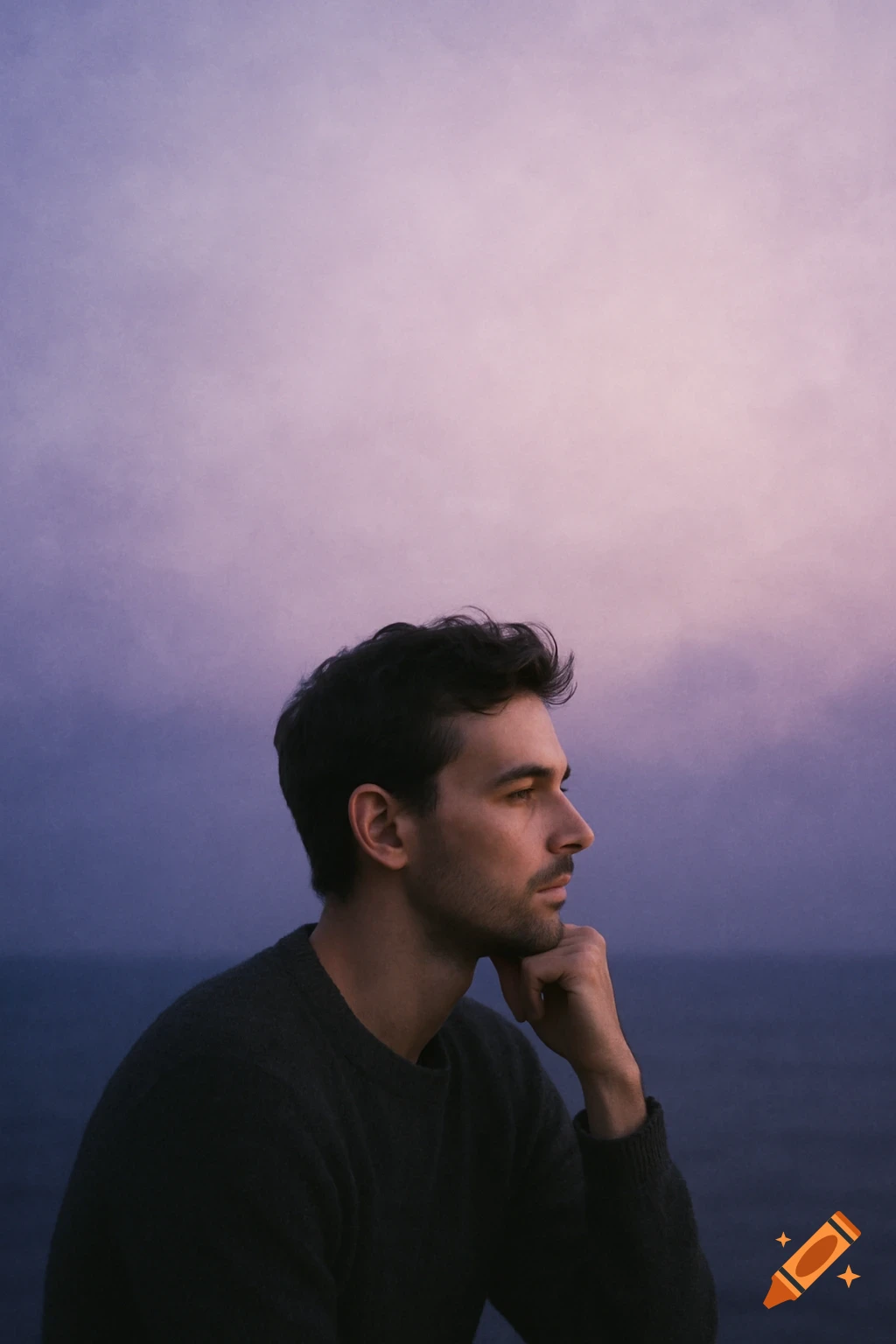 A contemplative man in profile against a gradient purple and pink sky over dark water, looking into the distance.
