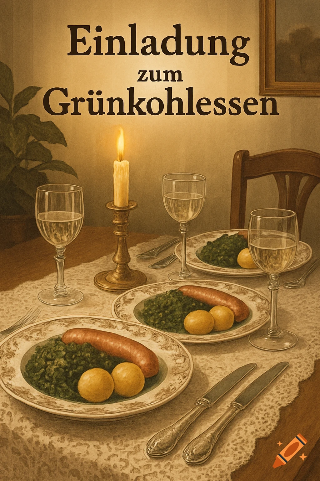 Warmly lit table with two plates of kale, sausage, and potatoes, wine glasses, and a lit candle. Text reads 'Einladung zum Grünkohlessen'.