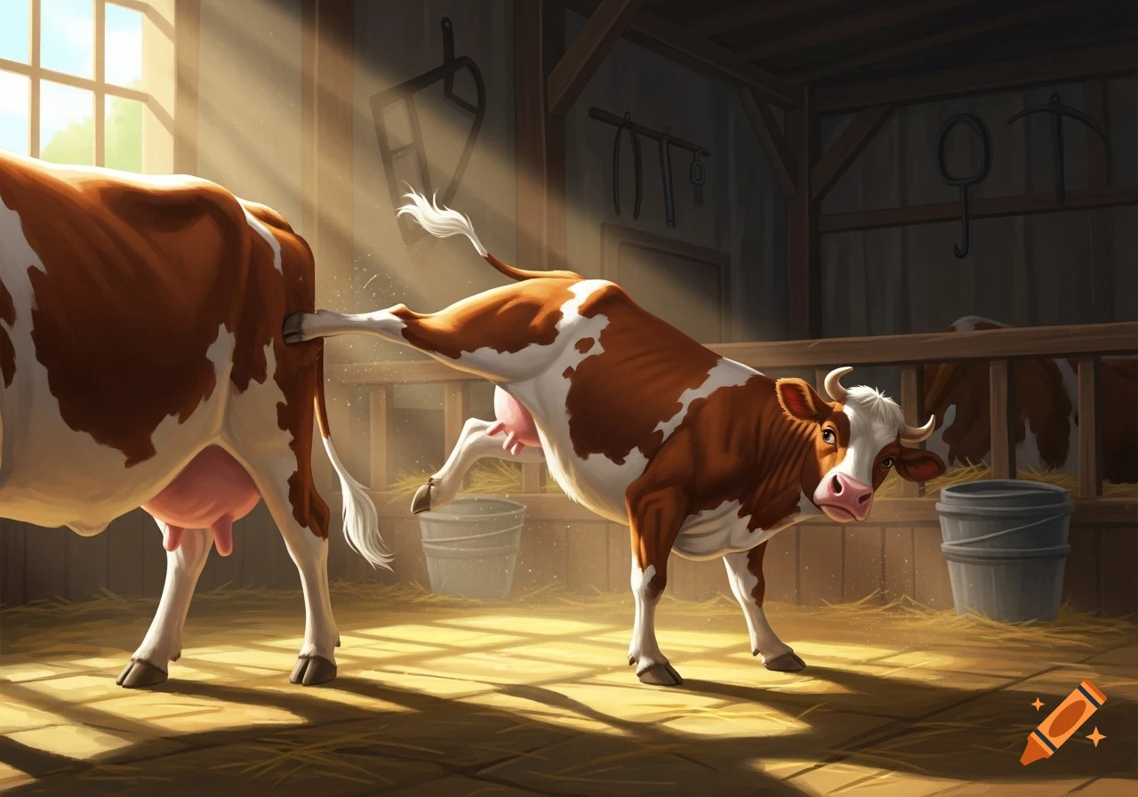 A stylized brown and white cow performs a roundhouse kick on another cow's udder in a sunlit barn.