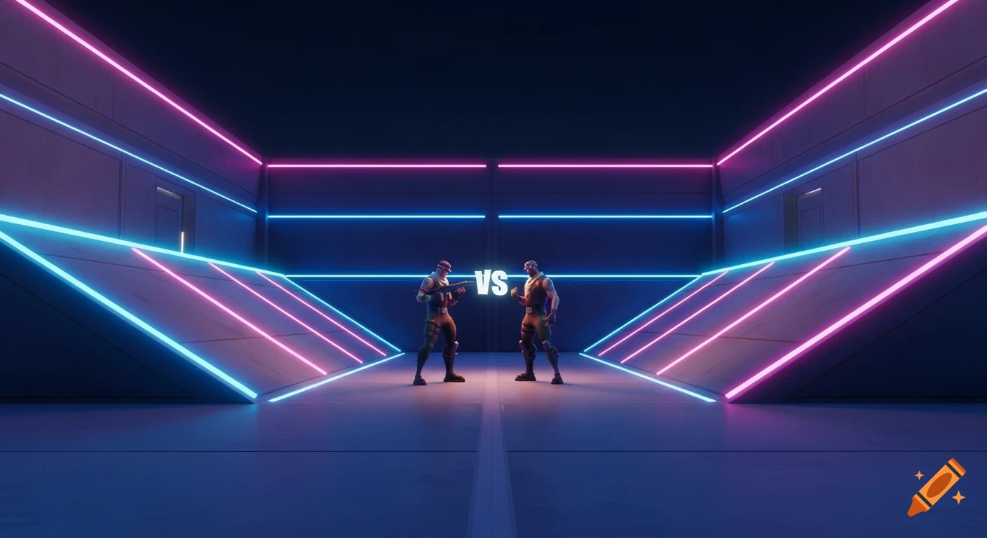 Two Fortnite characters face each other in a symmetrical, neon-lit arena with ramps and walls, with 'VS' displayed between them.